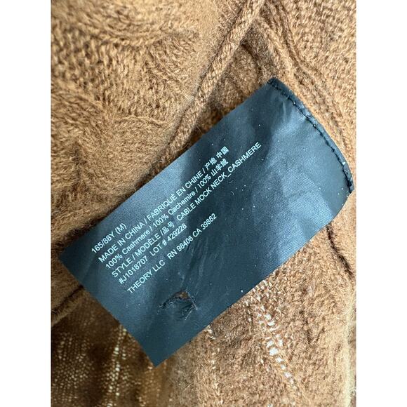 Theory Cable-Knit Mock Neck 100% Cashmere Sweater Size Medium Camel Tan Preppy - Picture 6 of 12
